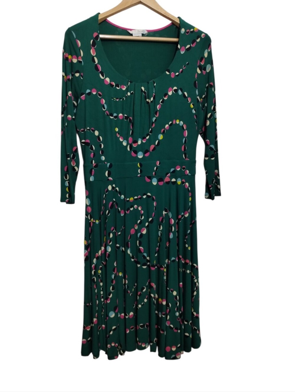 Boden Teal Scoop-Neck Dress with Multicolor Dot Swirl Women's 12R Knee Length